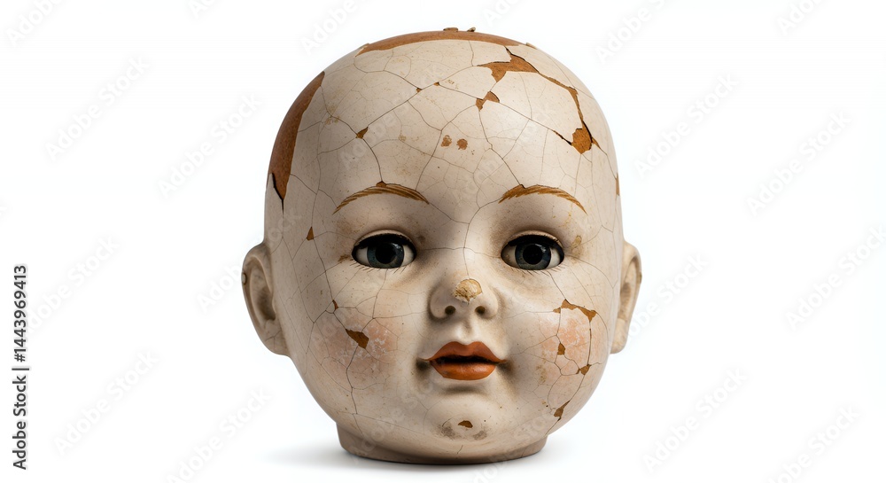 Poster cracked porcelain dolls head isolated on white screen background displaying severe damage with rust 