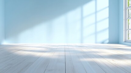 Fototapeta premium Empty room with light blue walls and white wooden floor, illuminated by sunlight through a window.