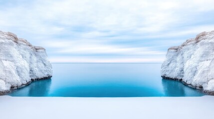 A serene arctic landscape with icy cliffs framing a tranquil turquoise pool of water.
