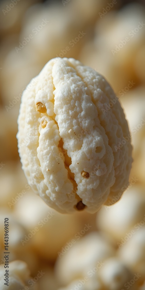 Poster Macro View Of A Single Fluffy Popcorn Kernel. Exploring The Intricate Texture Of A Delicious Snack. Perfect For Food Blogs, Movie Nights, Or Concession Stand Promotions.