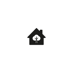 Black house icon with white tree in the center, symbol of domestic ecology, sustainable living, connection with nature and environmental awareness at home.