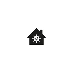Black house icon with white virus in the center, visual representation of confinement, home isolation, quarantine and health safety in the domestic context.