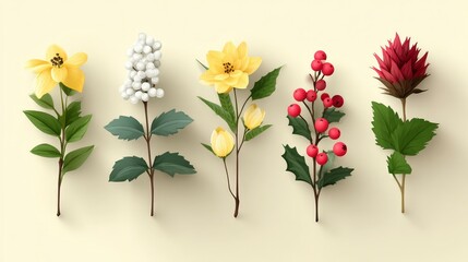 Obraz premium Botanical Illustration Five Floral Arrangements Yellow White Red Flowers Berries Gre
