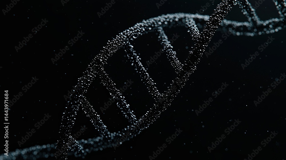 Poster a close-up digital rendering of a dna double helix made up of small particles, set against a dark ba