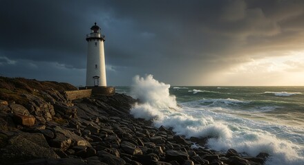 Obraz premium Lighthouse stands tall amidst stormy skies as powerful waves crash against the rocky shore, a beacon of hope against nature's might.
