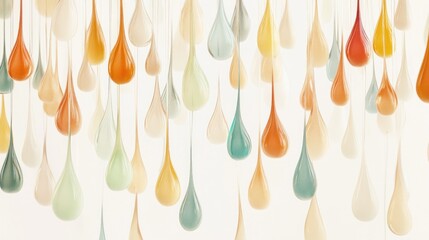 Multicolored teardrop shapes suspended in a graceful cascade.