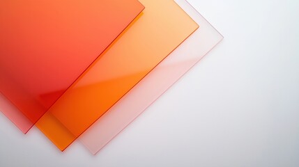 Three translucent orange acrylic sheets overlap on a white background, creating a modern, minimalistic composition.