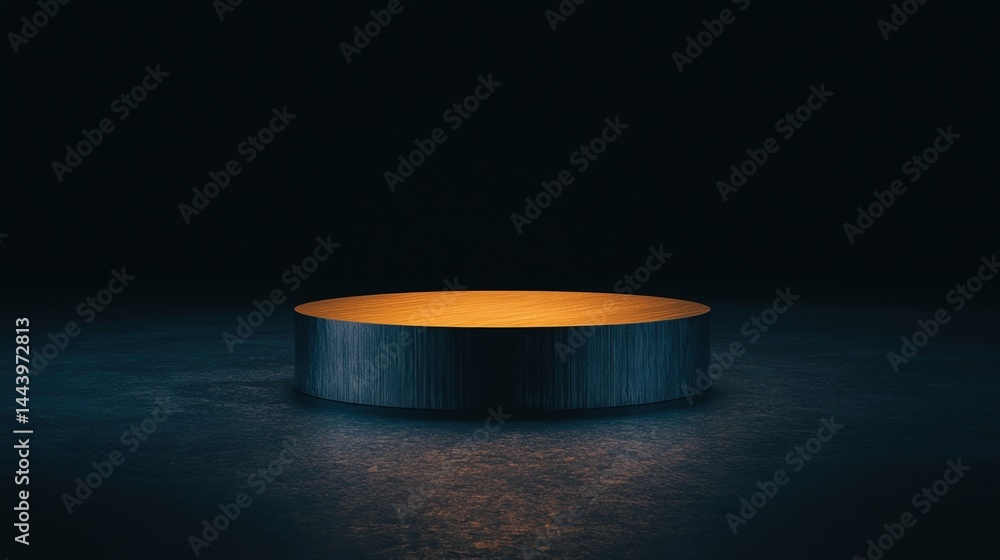 Poster a round, illuminated platform stands alone in a dark, minimalistic space, creating a dramatic and mo