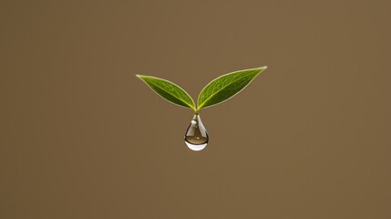 Two green leaves with a water droplet hang against a plain brown background, symbolizing nature and purity.