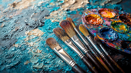 Obraz premium artist's palette and brushes on workspace