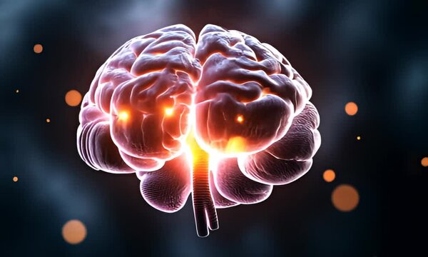 Glowing brain with highlighted areas, indicating active neural activity