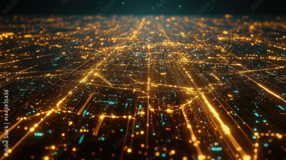 Poster physical and digital blend with bitcoin coins and glowing network lines