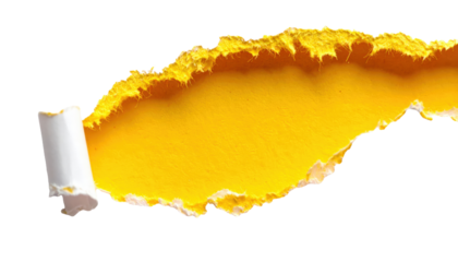 Closeup of a violently torn, jagged hole in thick yellow paper against a clean white backgr 