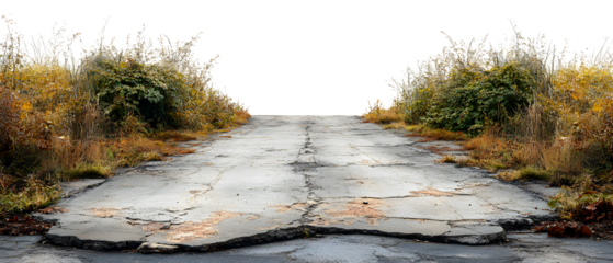 Old cracked road with weeds growing through, abandoned countryside