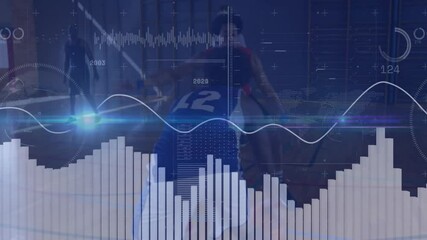 Three players battling for position on court, featuring animated sports analytics data and charts - Powered by Adobe