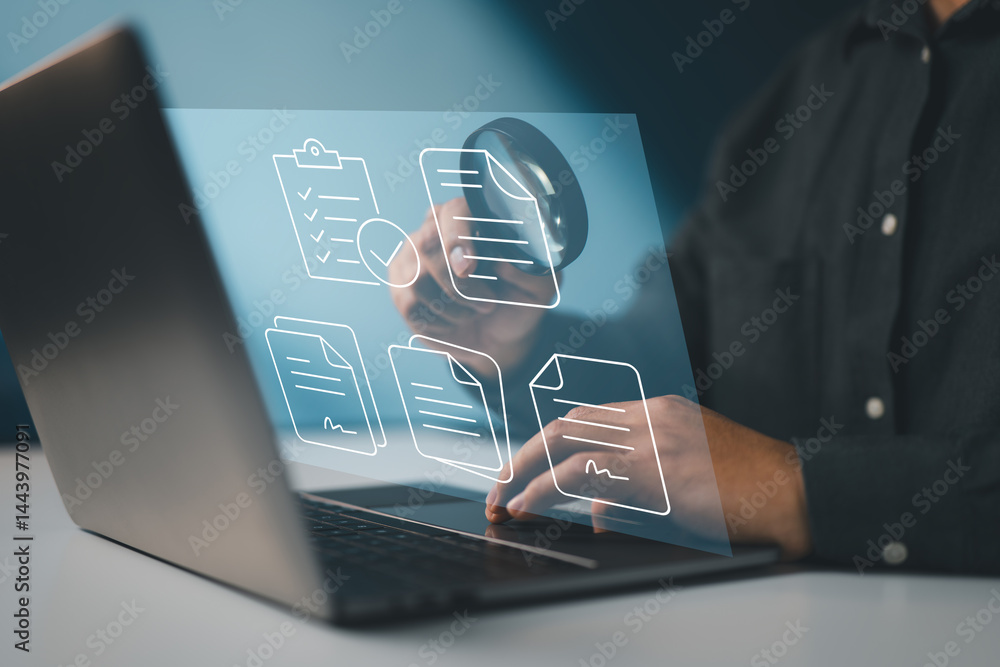 Poster symbolizes a digital audit process involving thorough inspection of electronic documents and records