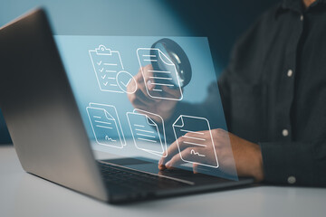 Symbolizes a digital audit process involving thorough inspection of electronic documents and...