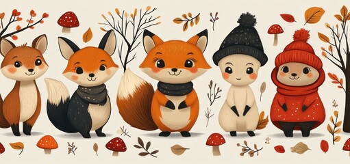 Naklejka premium Adorable Autumn Animals: Foxes, Hedgehog, and Sheep in Cozy Winter Outfits