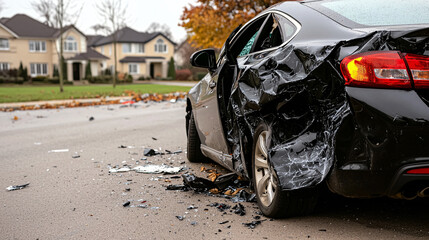 Severely Damaged Car after Collision Accident on Roadway in Residential Neighborhood Setting