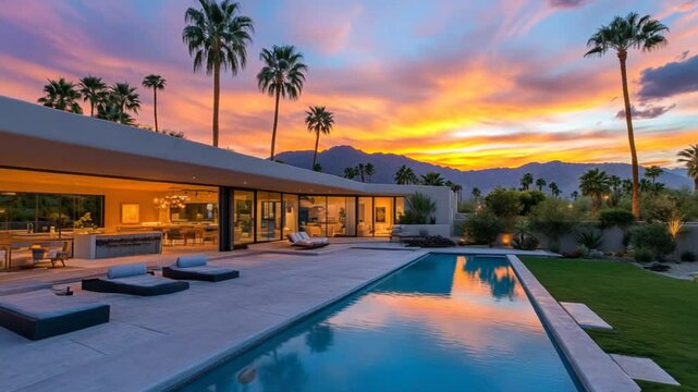 Modern luxury home with pool reflecting a stunning sunset in Palm Springs, California