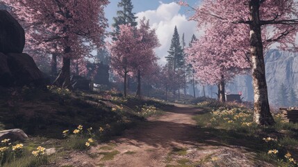 Obraz premium A sunlit path winds through a blossoming spring forest.