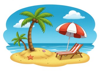 Fototapeta premium Cartoon tropical island scene with palm trees beach chair and umbrella illustration