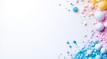Pastel Powder Balls and Pigment Splashes Minimalist Bright Style High Resolution Horizontal Close-up View Textured Color Gradient Displaying Cosmetics Soft Pastel Hues Ideal for Beauty Branding
