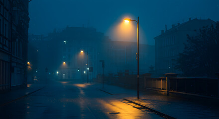 Misty City Street at Night: A Nocturnal Urban Scene