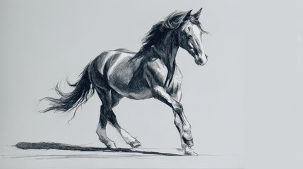 Detailed grayscale drawing of a running horse.