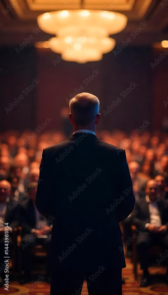 Poster generative ai image: speaker addressing a large audience in an elegant hall