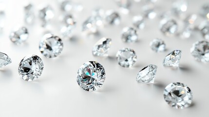 Brilliant Scatter: A Sparkling Array of Faceted Diamonds on a Minimalist White Surface