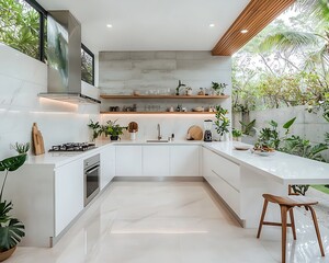 Modern open-plan kitchen with outdoor view