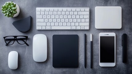 Flat lay of remote work essentials keyboard, mouse, notepad, phone, and eyeglasses