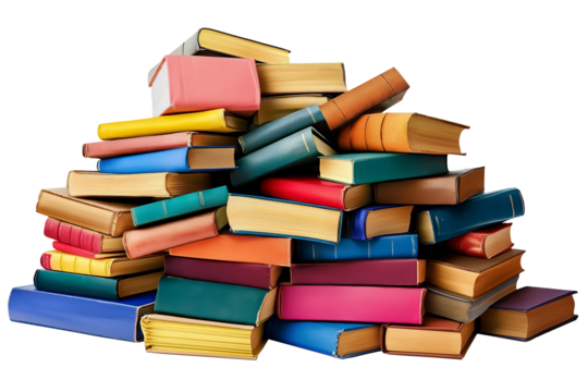 Stacked Colorful Hardcover Books in Various Sizes on Transparent Background