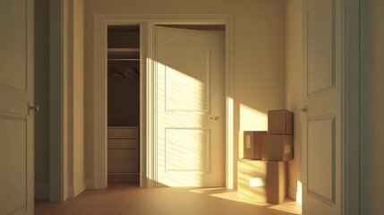 Fototapeta premium Half-empty wardrobe with labeled boxes on the floor representing downsizing process
