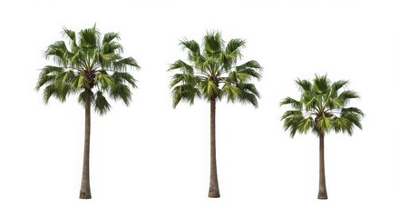 Obraz premium Three green palm trees isolated against a plain white background in a studio shot