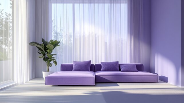 Bright minimalist living room in purple tones with floor-to-ceiling sheer curtains and a low, clean-lined purple sectional