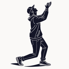 Person Silhouette Reaching Upward Wearing Hoodie And Cap In Monochrome Illustration