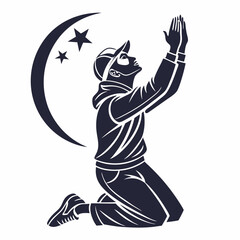 Man Praying Silhouette With Moon And Stars Graphic Illustration Symbol