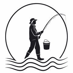 Obraz premium Silhouette Of Fisherman Holding A Rod Over Water With Circle