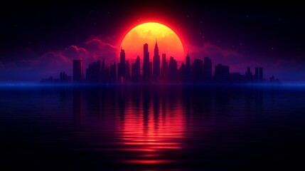 Synthwave cityscape reflecting on water surface