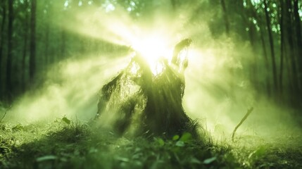 Fototapeta premium Sunlight filters through forest mist, illuminating a gnarled tree root