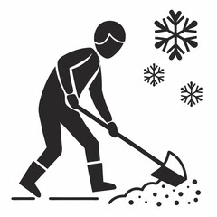 Silhouette Of A Person Shoveling Snow With Snowflakes Around Them