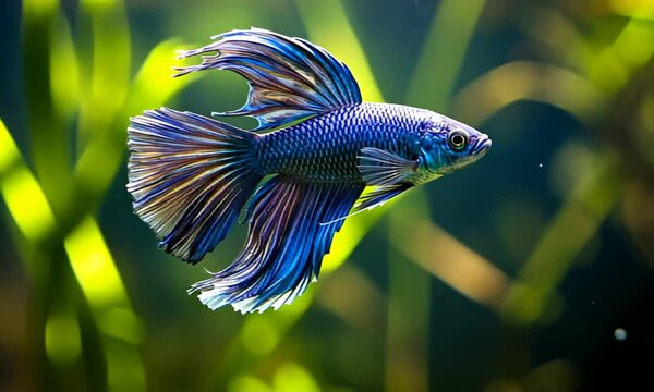 Vibrant blue betta fish with flowing fins swims gracefully amidst green aquatic plants