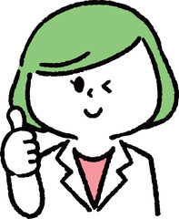 グッドサインをする白衣を着た女性