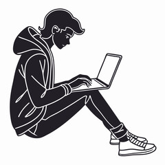 Silhouette Of Young Man Using Laptop While Sitting On The Floor