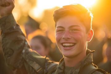 Triumphant bootcamp graduates proudly display their hard-earned victory, radiating joy and relief after successfully completing rigorous training program