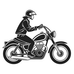 Woman Riding A Vintage Motorcycle Black And White Vector Illustration Art