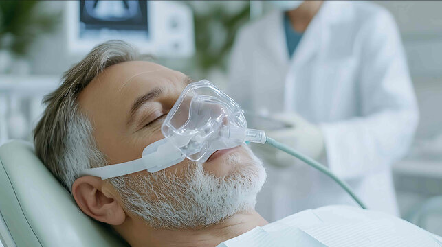 Slavic adult patient reclined on a dental chair wearing a sedation mask that covers mouth nose and chin with an oxygen tube attached two doctors in white coats and gloves supervisin