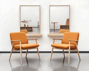 Fototapeta premium Modern orange armchairs with wooden frames and mirrors